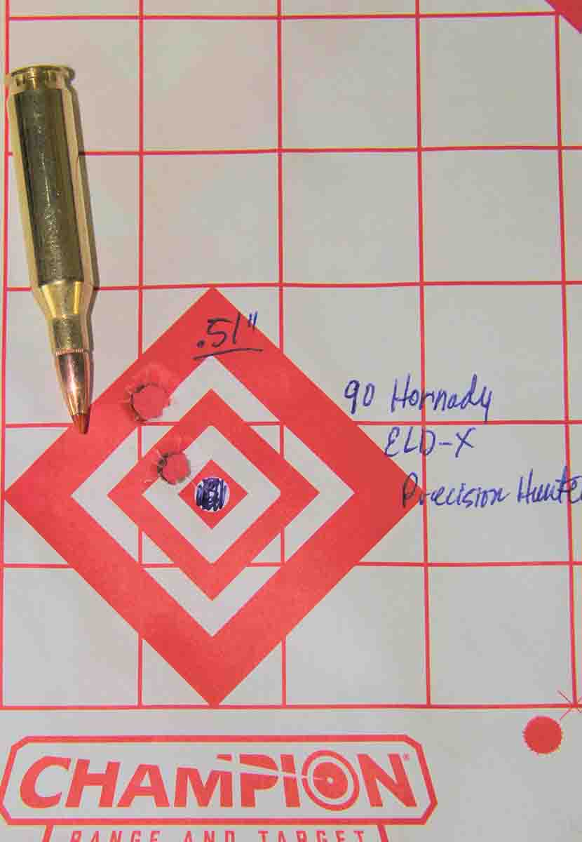The best group fired with factory ammunition from the 243 Winchester barrel resulted from Hornady’s Precision Hunter loaded with a 90-grain ELD-X bullet. That .51-inch group clocked at 3,056 fps.